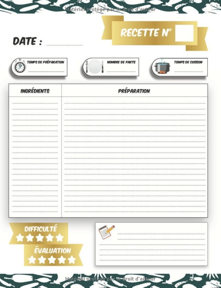 Carnet de Vos Recettes et Cuisine à Remplir et Personnaliser. 120 Recettes Très Détaillées - Format A4