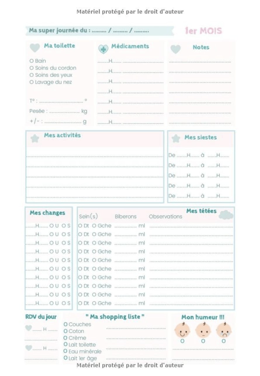 CARNET DE SUIVI BÉBÉ - Journal de bord de bébé - 90 Jours à remplir, du 1er jour à la maternité jusqu'à 3 mois - 93 pages Format 18 x 25 cm