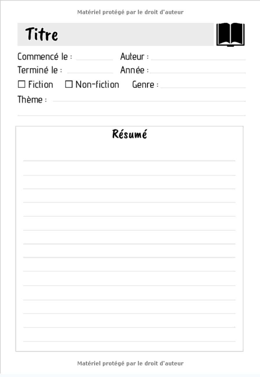 Carnet de Lecture : Cahier de Lecteur | 60 Fiches de Lecture à Compléter | 124 pages, 17,78 cm x 25,4 cm