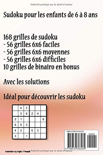 Sudoku pour les enfants 6-8 ans : 168 grilles 6x6, niveaux facile à difficile, adaptées aux enfants de 6 à 8 ans - 124 pages Format 15 x 22 cm
