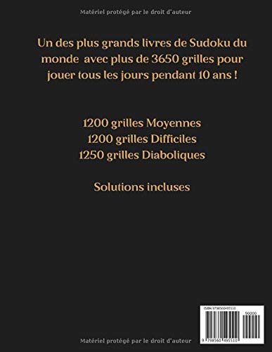 Livre de Sudoku Adulte Grand Format - 1 Puzzle par jour pendant 10 ans - 3650 grilles - Moyen Difficile Diabolique - 434 pages Format 21,5 x 28 cm