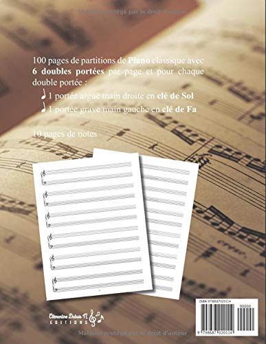 Cahier de musique Piano - Carnet de partitions Grand format 6 doubles portées clé de Sol et clé de Fa | 110 pages numérotées | Format 21,5 x 28 cm