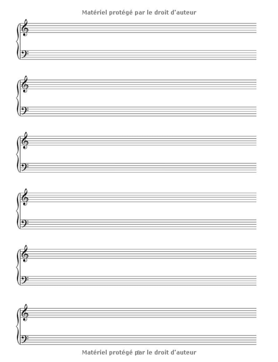 Cahier de musique Piano - Carnet de partitions Grand format 6 doubles portées clé de Sol et clé de Fa | 110 pages numérotées | Format 21,5 x 28 cm
