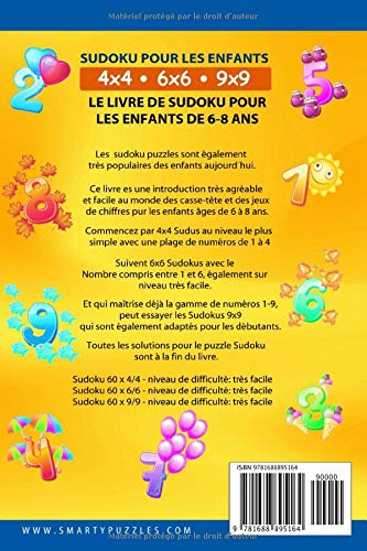 Sudoku pour les enfants 4x4 - 6x6 - 9x9 | 180 sudoku | Niveau : très facile | avec des solutions - 92 pages Format 15 x 22 cm