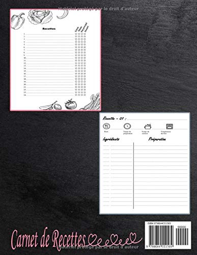 Carnet de Recettes à remplir - GRAND FORMAT - 100 FICHES - 110 pages