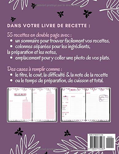 Carnet de recettes a remplir de 117 pages | 55 recettes | 2 pages par recette l Grand Format 21,59 x 27,94 cm