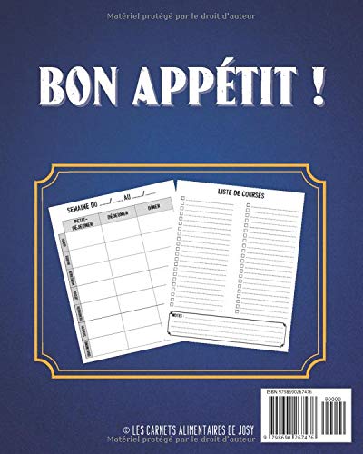 Planificateur de menus : Planificateur de repas hebdomadaire avec listes de courses - 108 pages Format 20x25 cm