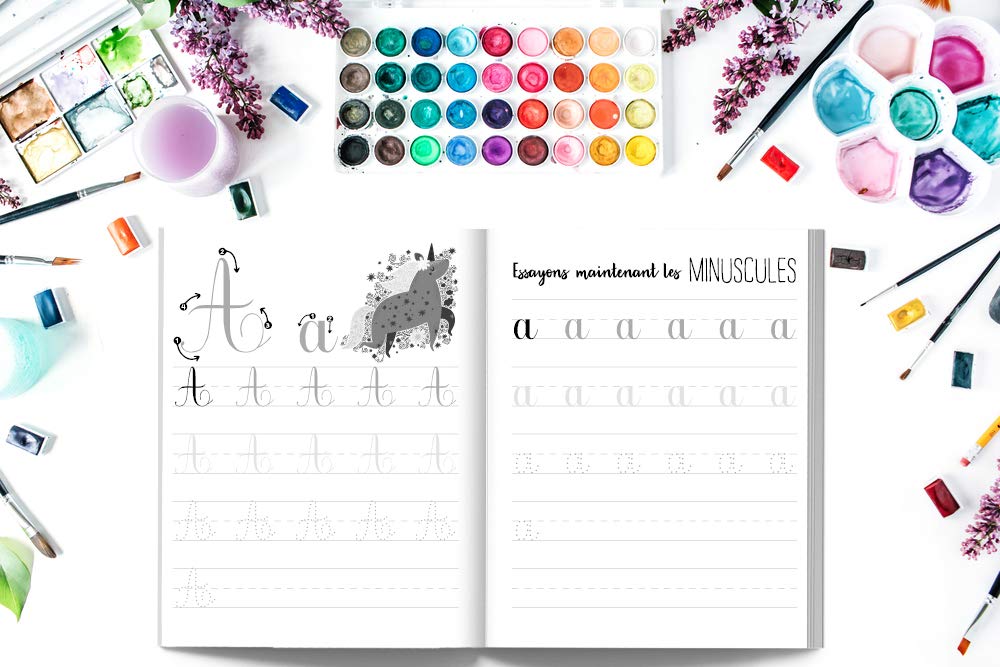 Apprenons l'écriture cursive : cahier d'écriture pour débutants : lettres, liaisons & mots : Activités pour enfants sur le thème des sirènes - 108 pages Format 21,5 x 28 cm