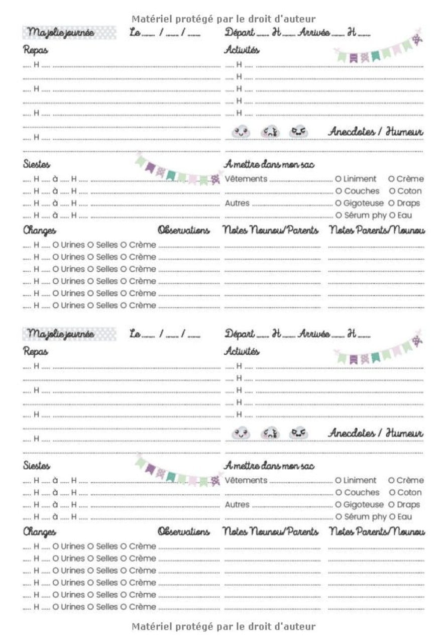 CARNET DE LIAISON NOUNOU : Cahier de transmissions assistante-maternelle : 150 Fiches de liaison, recueil des habitudes de vie de l'enfant accueilli, autorisations à compléter, relevés d'heures - 94 pages Format 18 x 25 cm