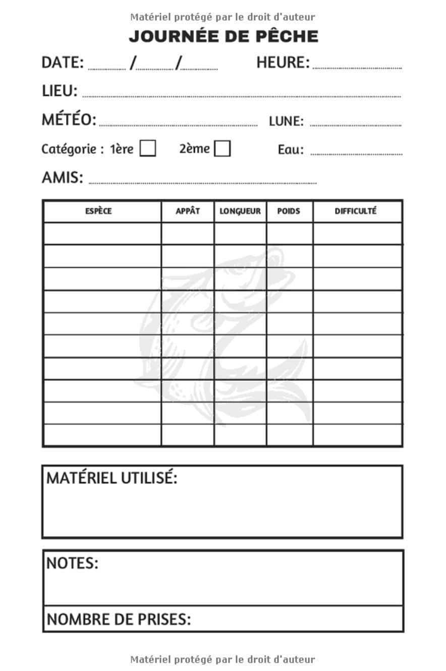 Carnet de Pêche : 100 fiches "Journée de Pêche" à remplir | avec notes et fiche Bilan annuel de prises | 110 pages Format 15 x 22 cm