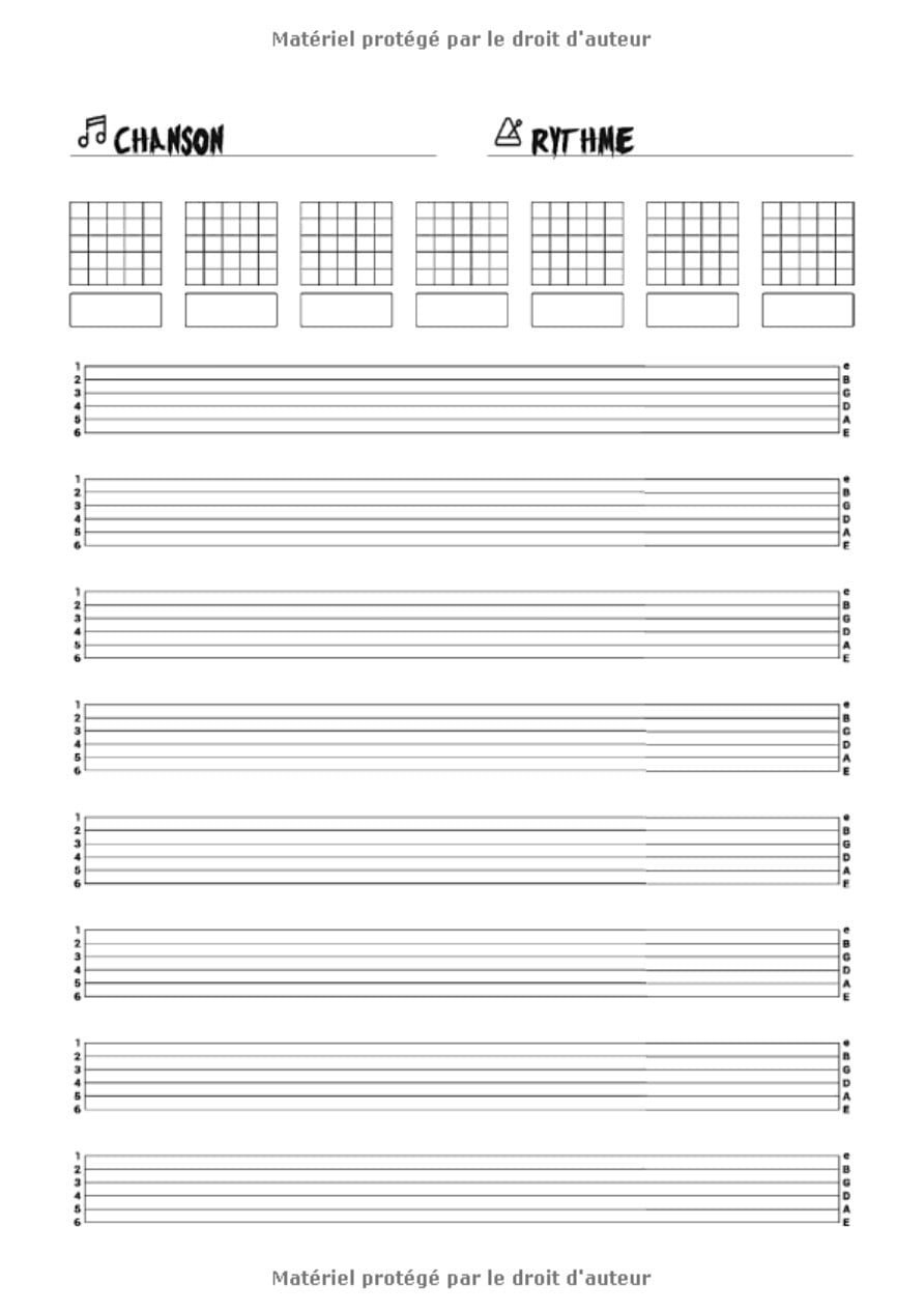 Cahier de tablatures guitare - Inclus accords de base et diagramme du manche: cahier de musique à compléter pour instrument 6 cordes, diagrammes d'accords et partitions vierges - 110 pages Format A4