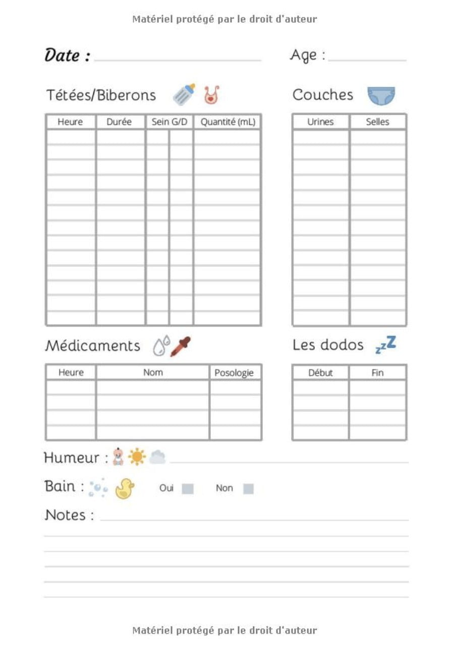 Carnet de Suivi Bébé: Journal de bord - Cahier de suivi maternel - Idéal pour bébé, nouveau né, nourrisson - Suivi de l'alimentation (allaitement, ... couches, bain, médicaments) - 120 Pages Format 18x25 cm