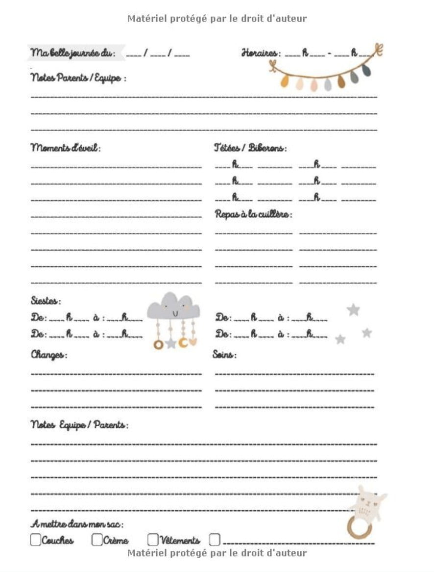 CAHIER DE LIAISON PARENT - ASSISTANT(E)-MATERNEL(LE) - CRECHE - MAM : 1 AN DE SUIVI - 94 pages Format 17 x 22 cm