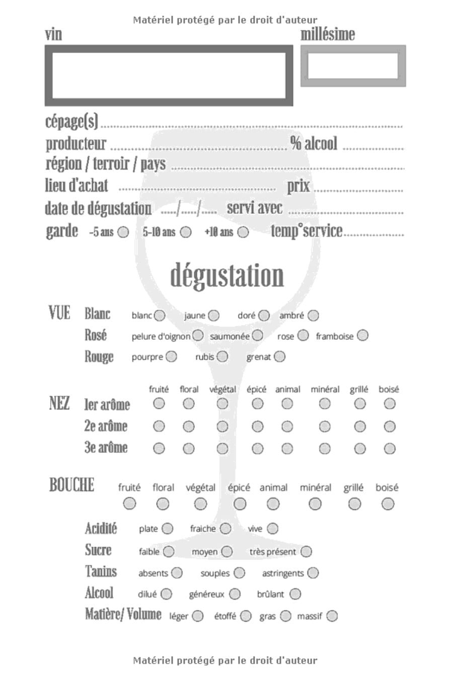 Vins carnet de dégustation : Journal, cahier, livre à remplir pour les amateurs de vins | 60 fiches détaillées à compléter | 124 pages Format 15x22 cm