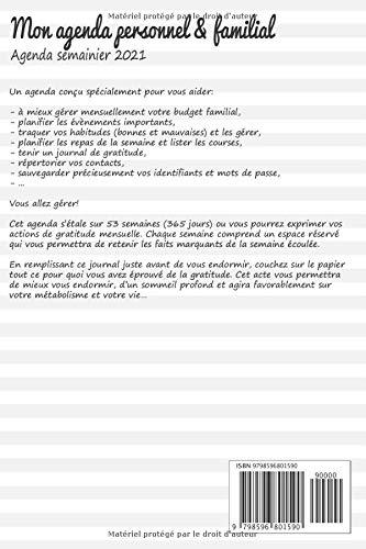 Agenda Personnel & Familial - Agenda Semainier 2021 : Budget familial – Planning Annuel/Mensuel – Habit Tracker – Journal De Gratitude – Répertoire – Identifiants et Mots De Passe / 210 pages Format 15 x 22 Cm