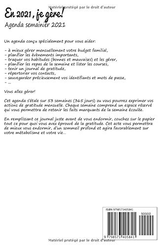 Agenda Semainier 2021 : Budget familial – Planning Annuel/Mensuel – Habit Tracker – Journal De Gratitude – Répertoire – 210 pages 15 x 22 cm (A5)
