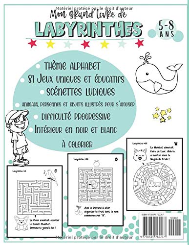 Alphabet : Livre de Labyrinthes – Enfants 5 - 8 ans : Cahier de +80 jeux éducatifs dès 5 ans - 94 pages Format A4