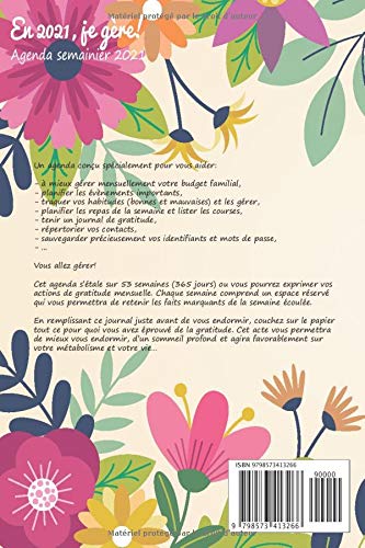 Agenda Semainier 2021 : Budget familial – Planning Annuel/Mensuel – Habit Tracker – Journal De Gratitude – 210 pages Format 15 x 22 cm