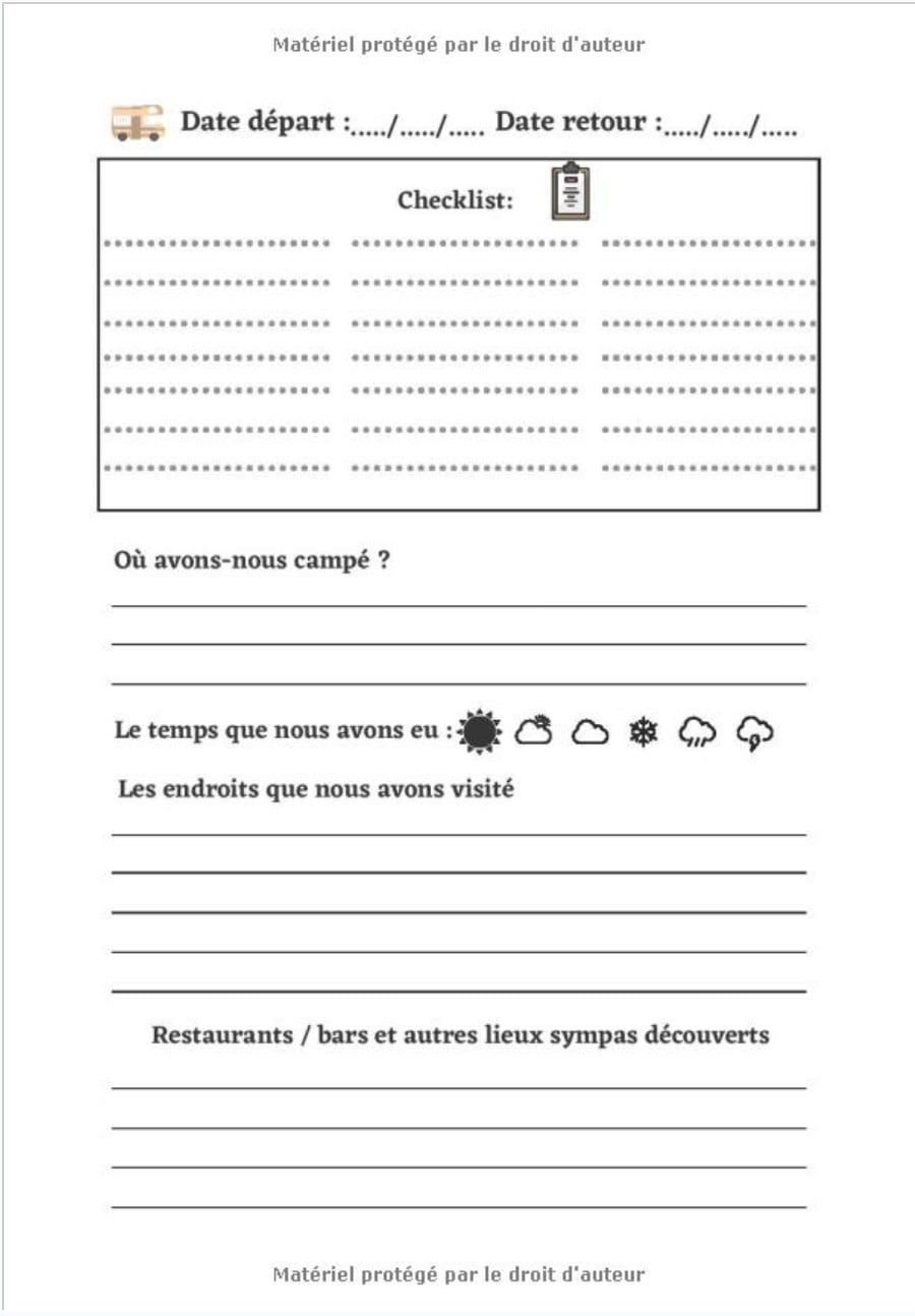 Carnet de voyage camping car : journal de bord voyage en camping car - 123 pages - Format 18 x 25 cm