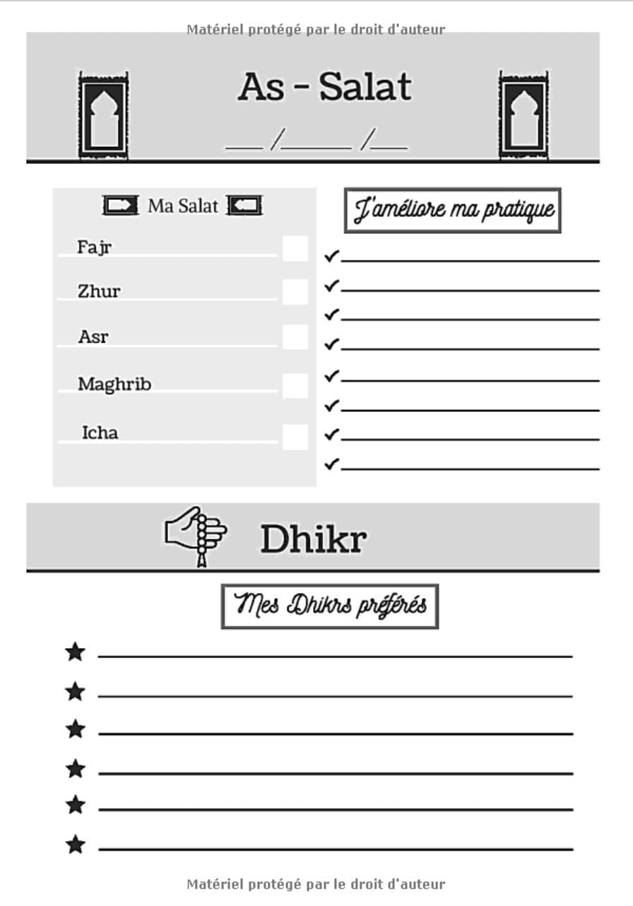 Journal de Salat à remplir tous les jours - Carnet de Prières du Musulman, Dhikr, Doua'a, Coran - Planner Islamique quotidien - 101 pages format 18 x 25 cm