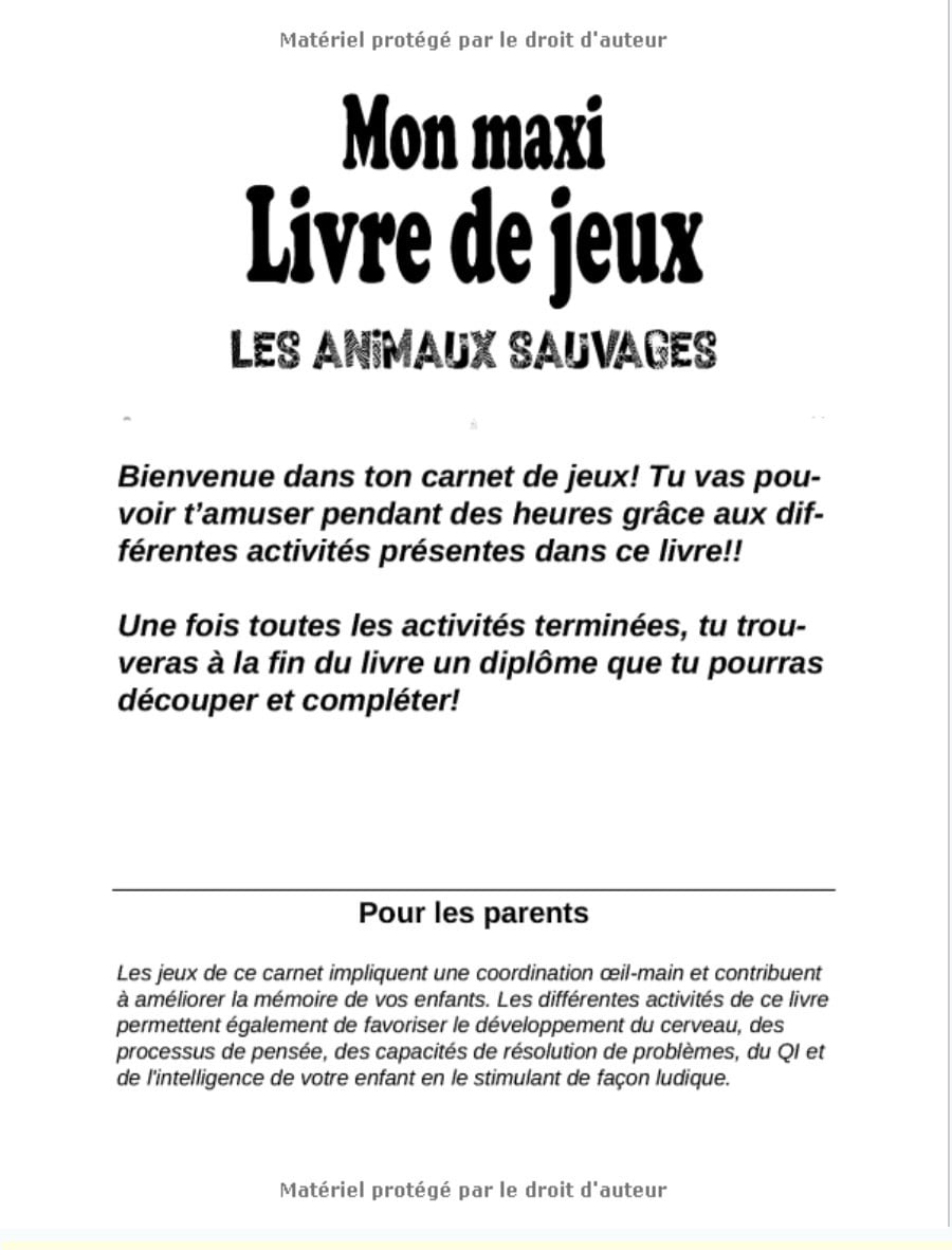 Maxi livre de jeux les animaux sauvages 4 ans et + : Livre de jeux / cahier d'activités – jeux : coloriages, labyrinthes, jeux des ombres - 66 pages format a4