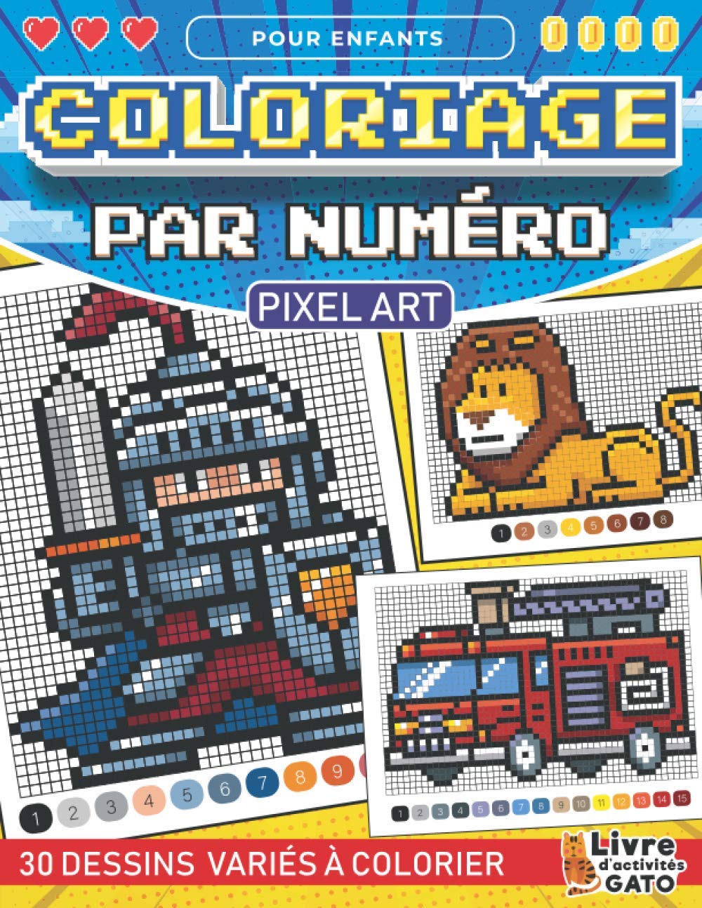 Coloriage Par Numéro pour enfants Pixel Art : Coloriage numéroté enfant Pixel Art Animaux Voitures et Dinosaures - 41 pages Format A4