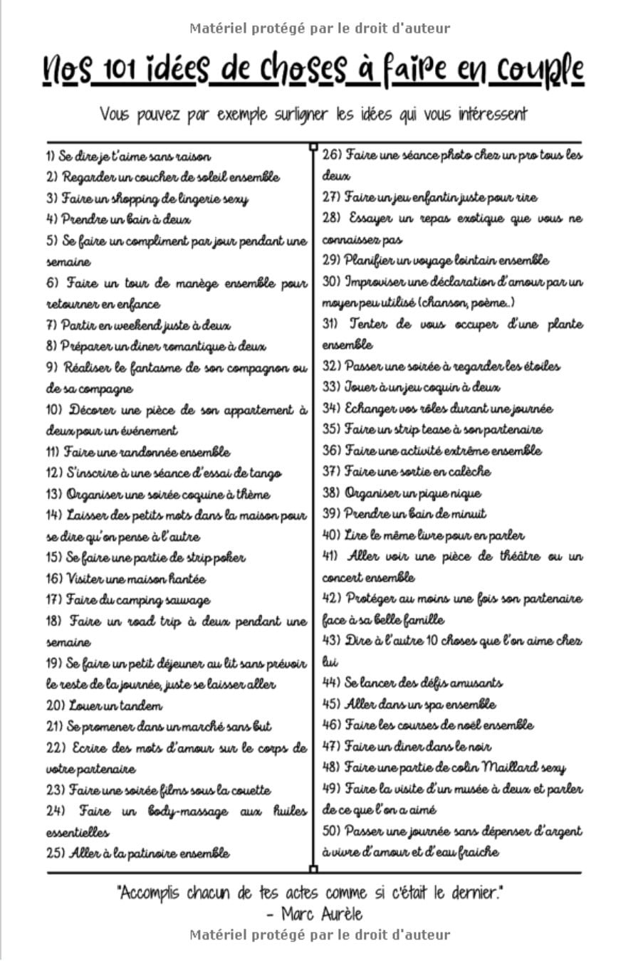 101 choses à faire en couple : La bucket list des amoureux | Une big liste des choses à faire en couple + une partie à remplir de vos aventures | 211 pages format 15 x 22 cm