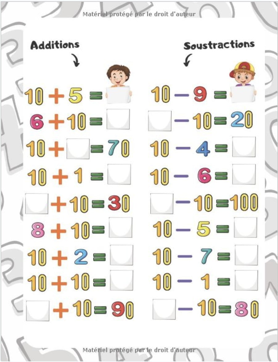 CAHIER DE CALCUL Additions Soustractions GS CP CE1 : 100 pages de jeux et d'exercices de calcul mental pour enfants dès 5 ans - Format A4
