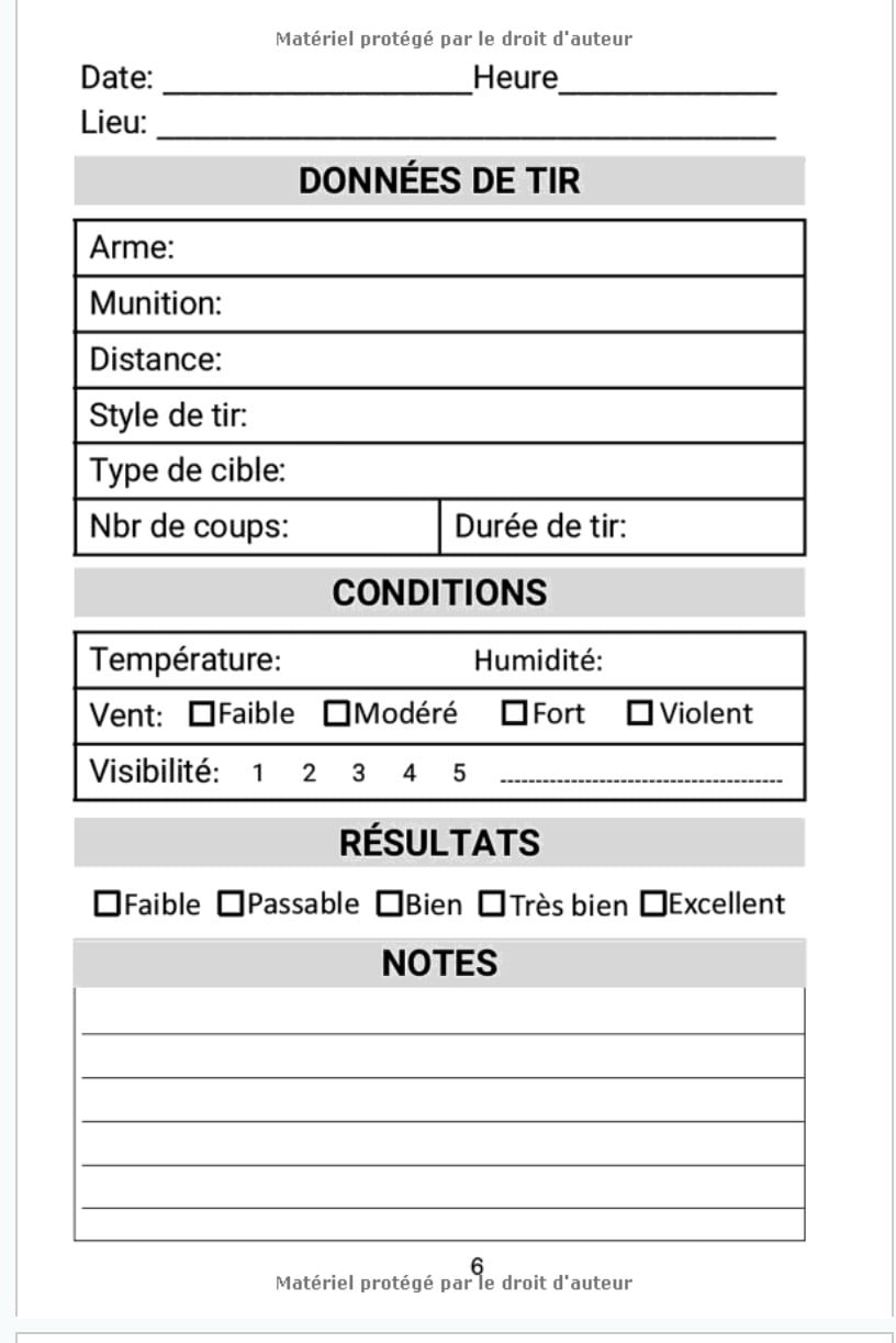 Carnet de tir : Journal d'entrainement du tir sur cible à remplir - 111 pages Format 15 x 22 cm