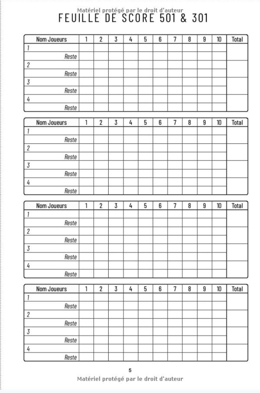 Carnet de score Fléchettes - 3 types de jeu : Cricket 501 301 - 155 pages Format 15 x 22 cm