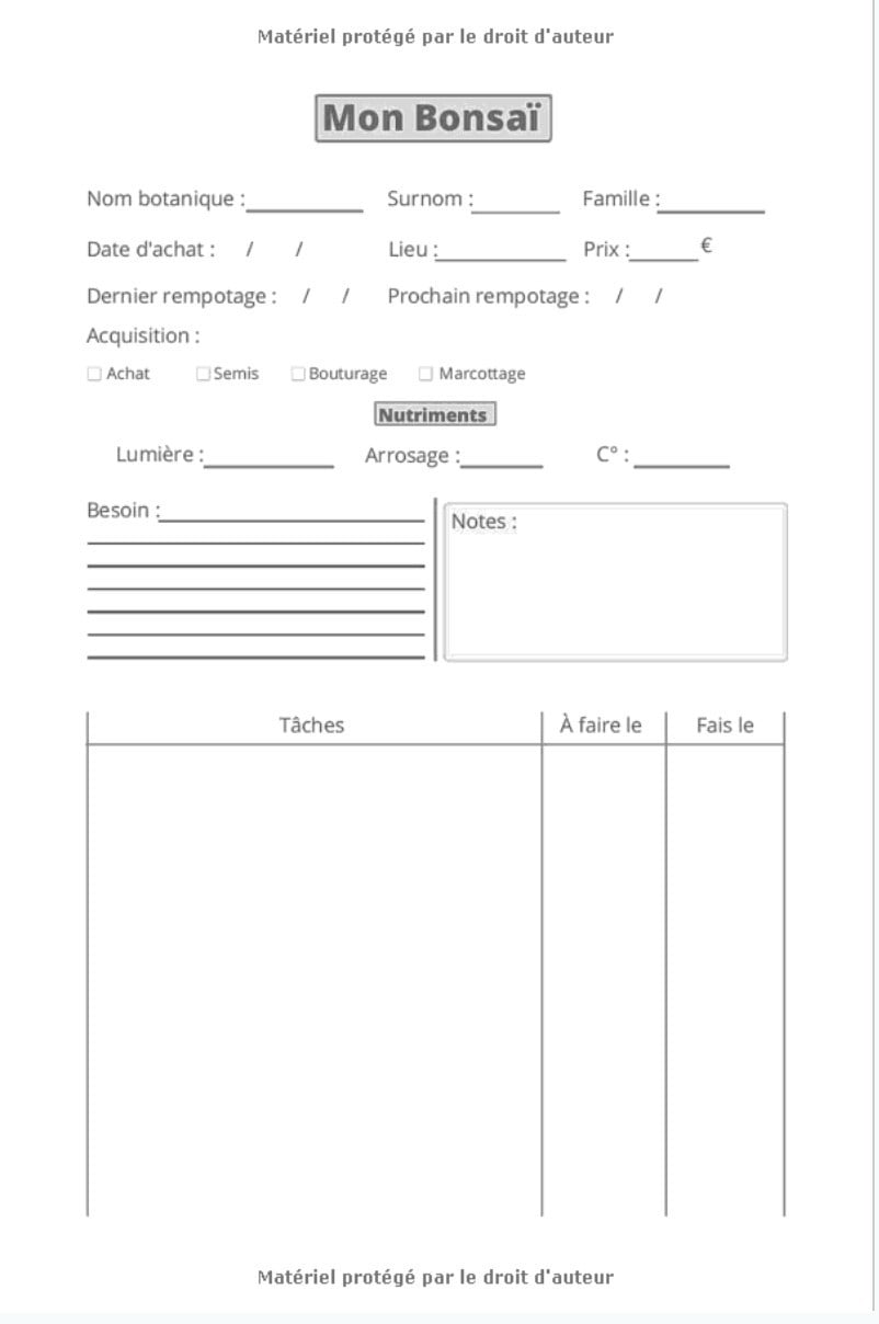 CARNET ENTRETIEN BONSAÏ : pour suivi et soins des bonsaïs - 100 pages Format 15 x 22 cm - Fabriqué en France