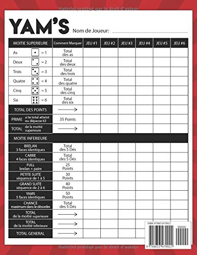 Carnet de scores Yam : 130 Grilles de Scores - Format A4