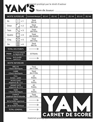 Yam Carnet de scores : 130 Feuilles de Scores - Format A4