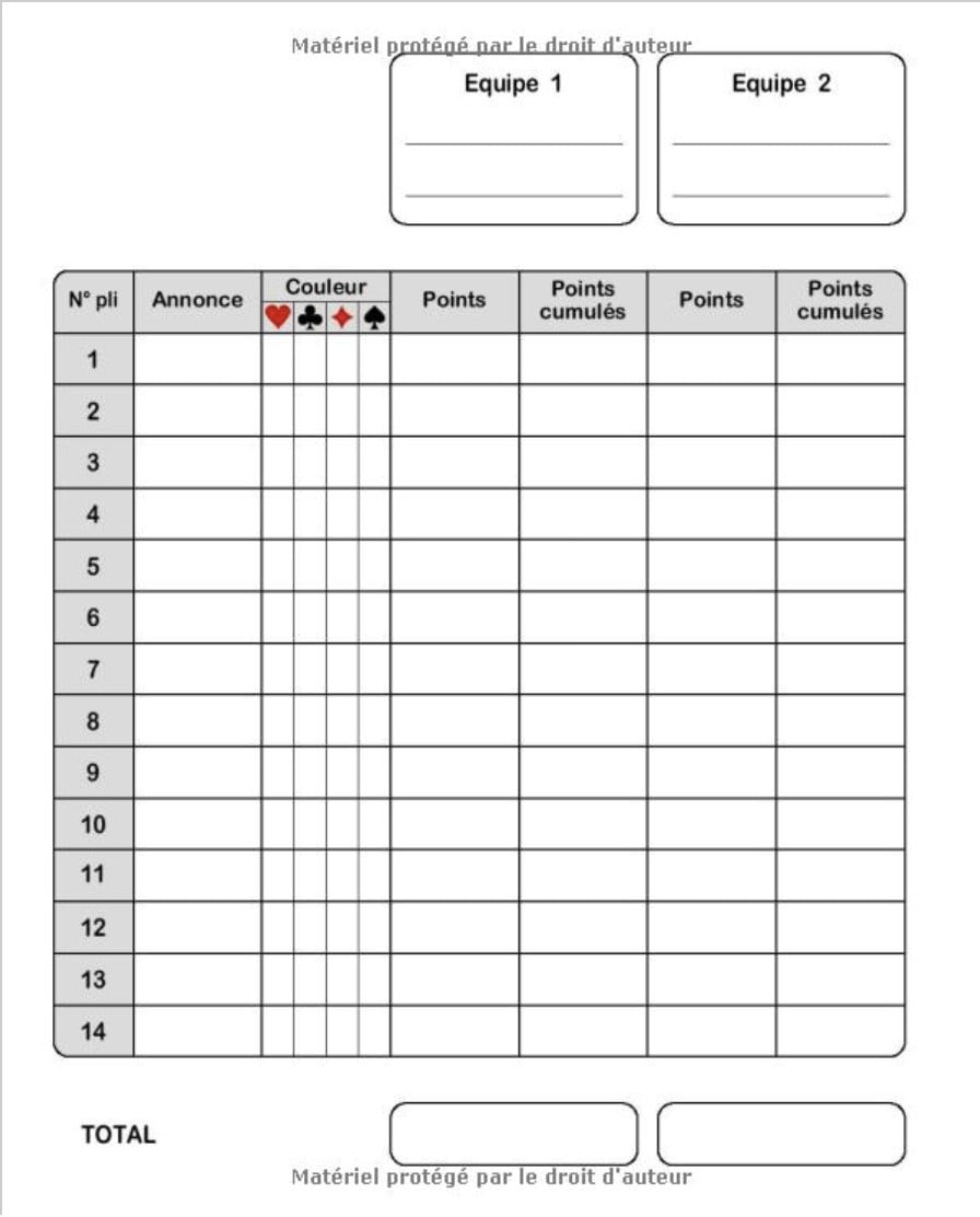 Carnet de score COINCHE : 120 Feuilles de score à remplir - 19x23cm