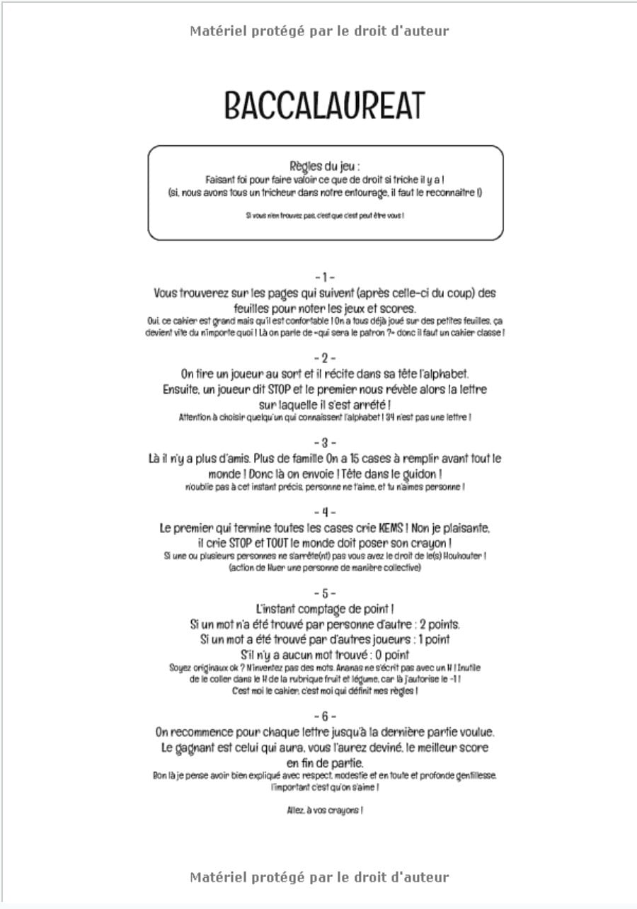 BACCALAUREAT jeu de société 50 Feuilles de scores - Noir et Blanc - 100 Pages Crème - Format 21 x 29,7 cm