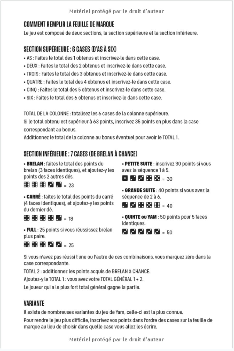 Yam - Carnet de scores : 100 feuilles de points avec règles du jeu incluses - Format 15 x 22 cm
