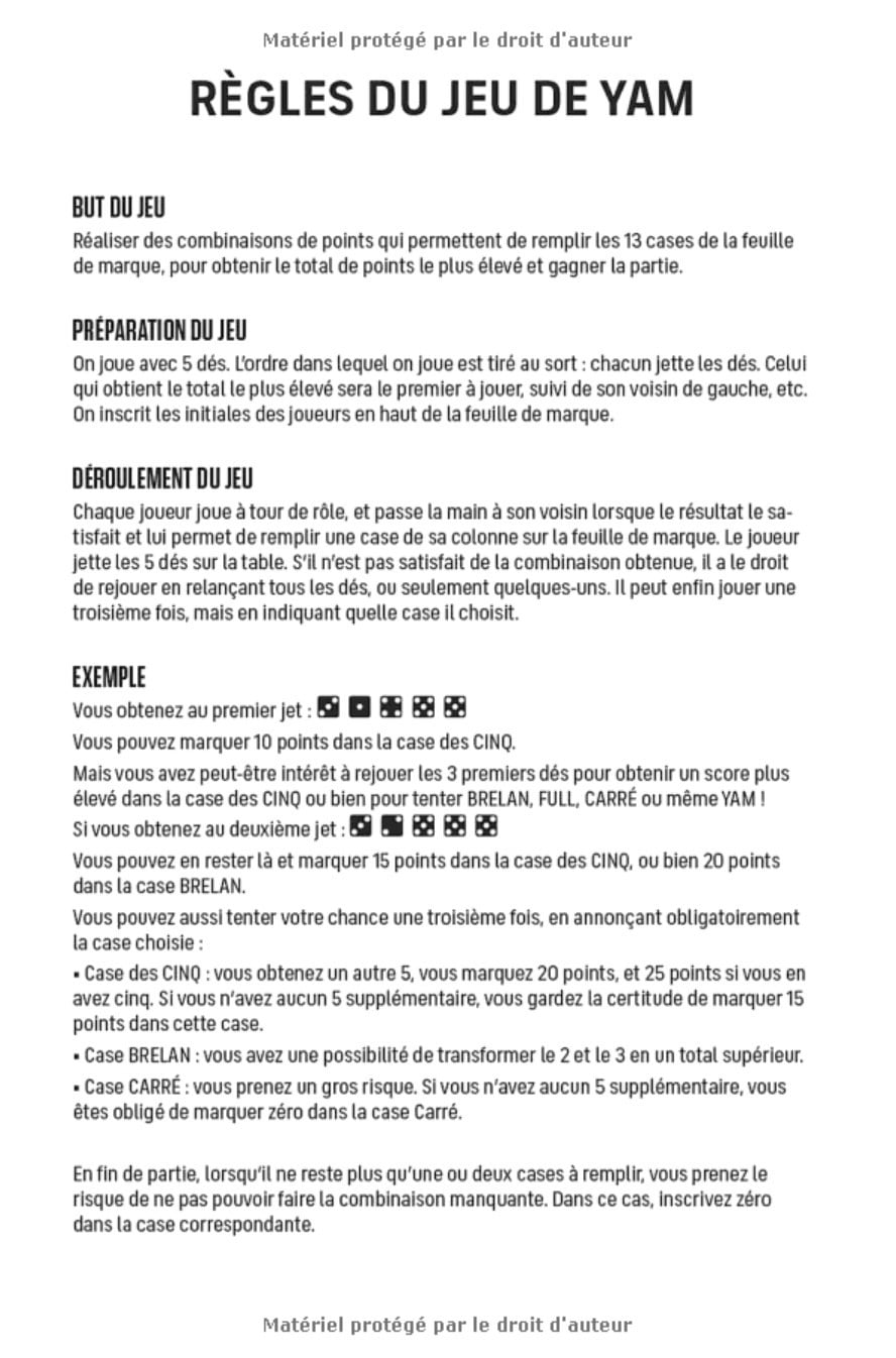 Yam - Carnet de scores : 100 feuilles de points avec règles du jeu incluses - Format 15 x 22 cm