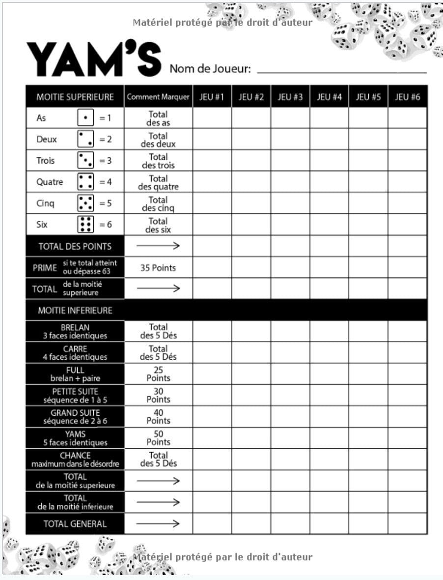 Carnet de scores Yam : 130 Grilles de Scores - Format A4