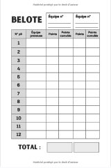 Carnet de Scores Belote avec tableaux imprimés pour noter vos scores - 105 pages Format 15 x 22 cm