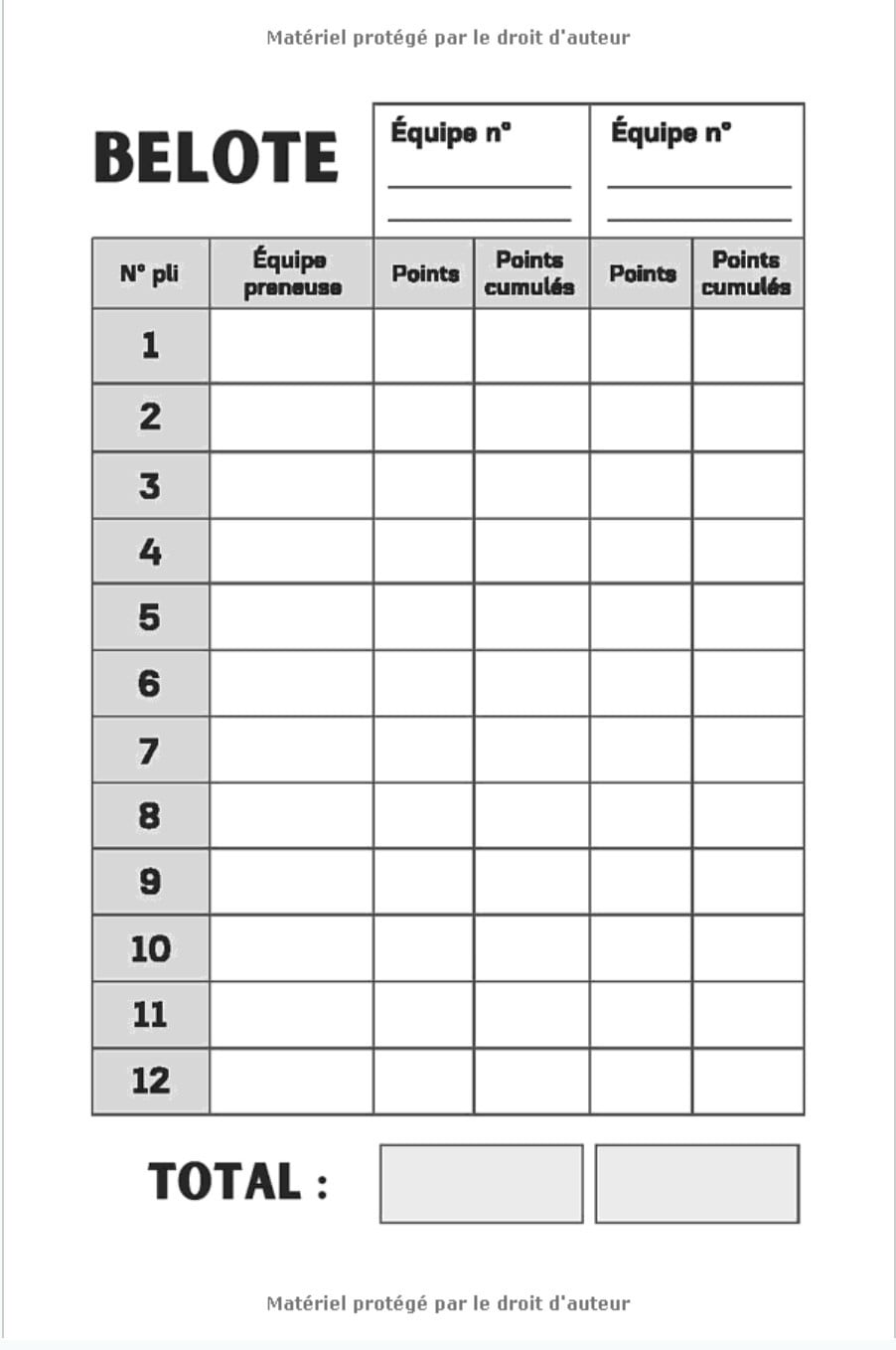 Carnet de Scores Belote avec tableaux imprimés pour noter vos scores - 105 pages Format 15 x 22 cm