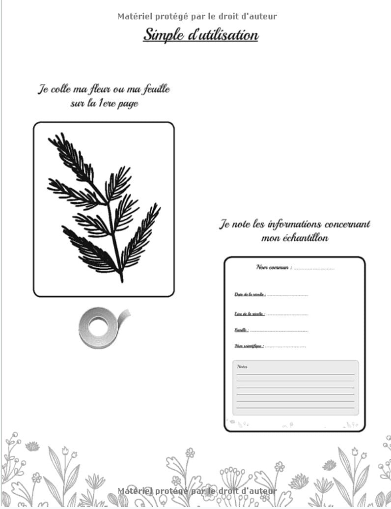 Herbier fleurs, plantes + de 100 pages avec fiches à remplir - 109 pages Format A4