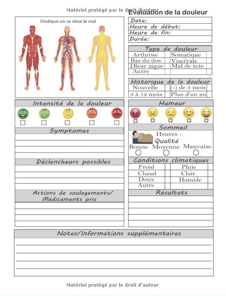 Carnet de suivi de douleurs - evaluation de la douleur - 153 pages Format A4 - Made in France
