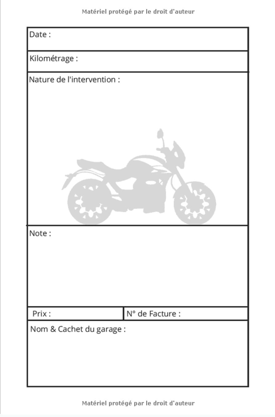 Carnet entretien Moto - 100 pages pré-remplie - Format 15 x 22 cm