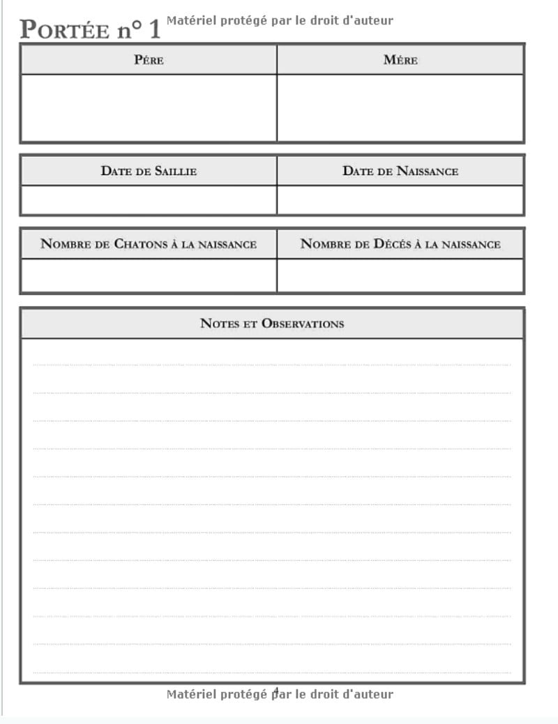 Registre des Naissances Pour Eleveurs Félin - 161 pages Format A4 - Fabriqué en France