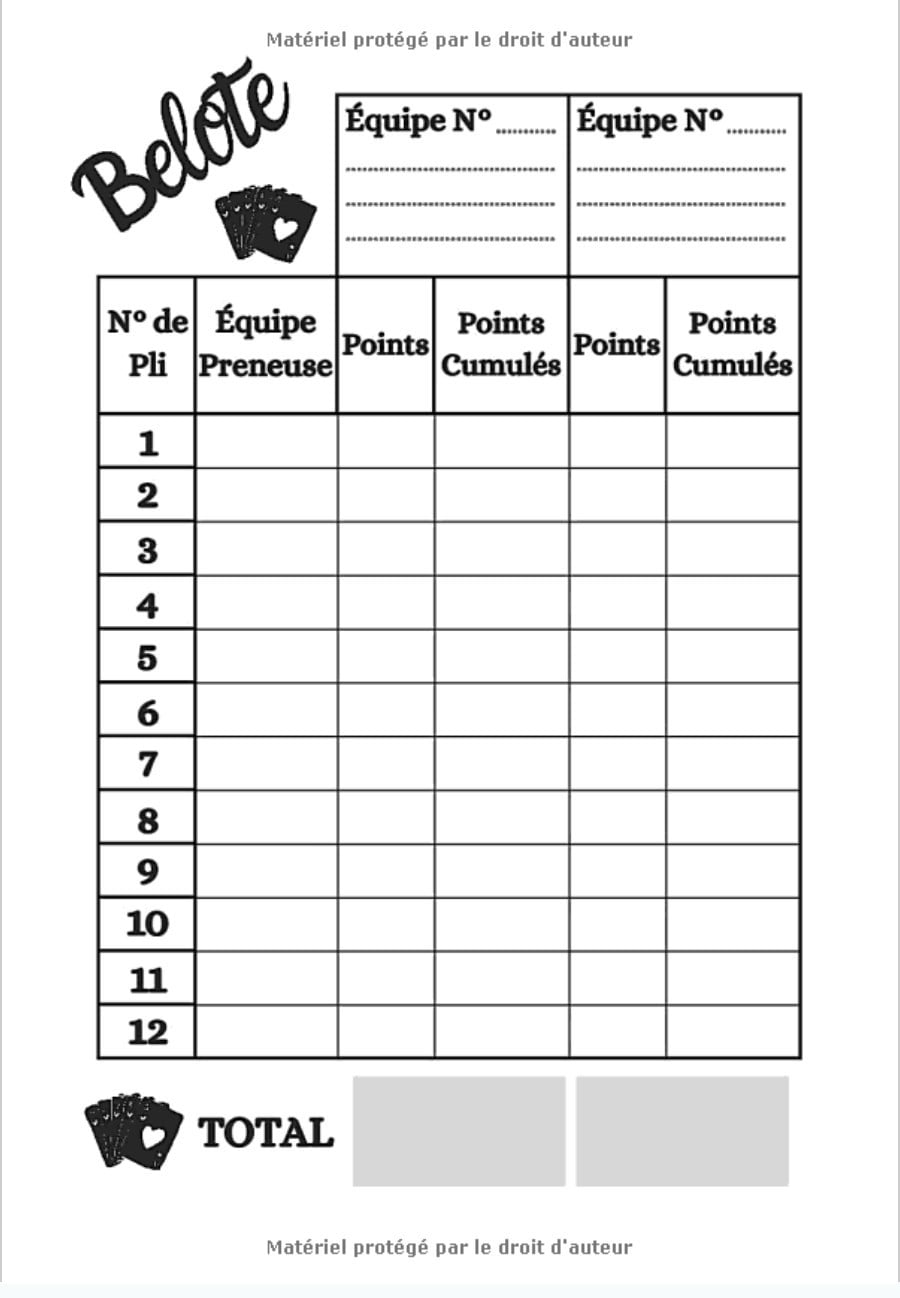 Carnet de Scores Belote avec tableaux à remplir – 100 pages format 18 x 25 cm