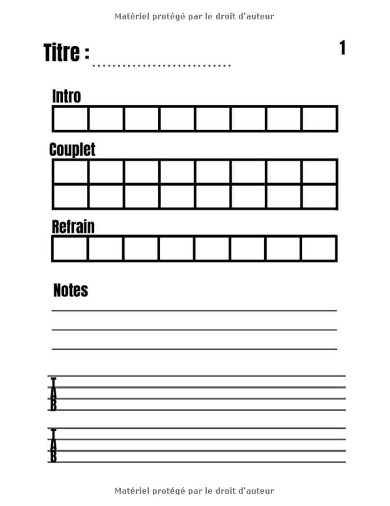 Cahier de musique UKULELE Grilles d'accords - Tablatures - Notes - Paroles (106 pages Format A4)
