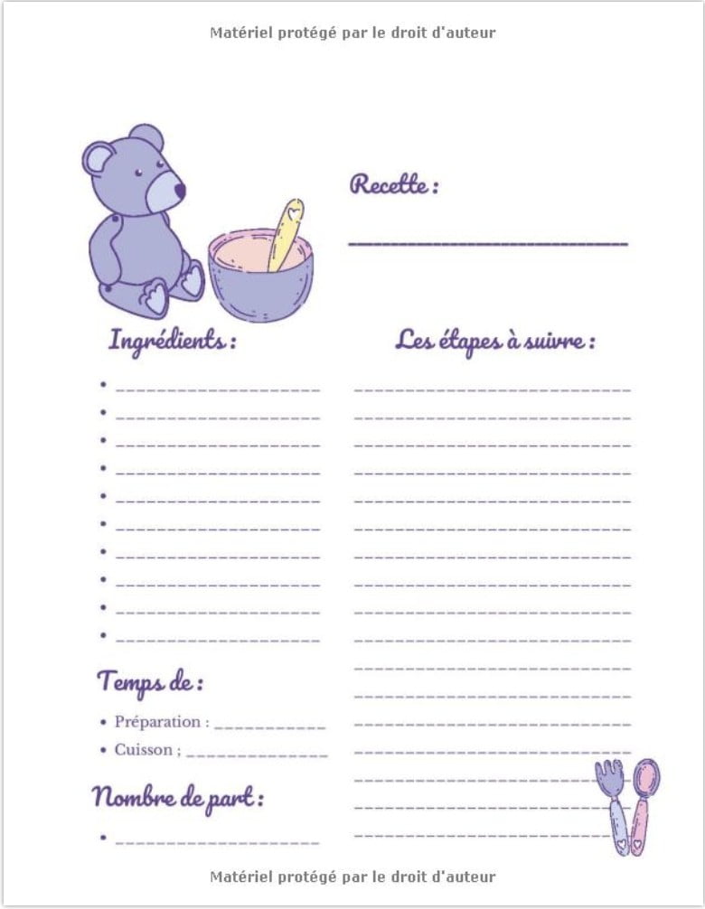 CARNET DE RECETTES POUR BÉBÉ - GRAND FORMAT - 100 FICHES DE RECETTES A REMPLIR - 100 pages - Format A4