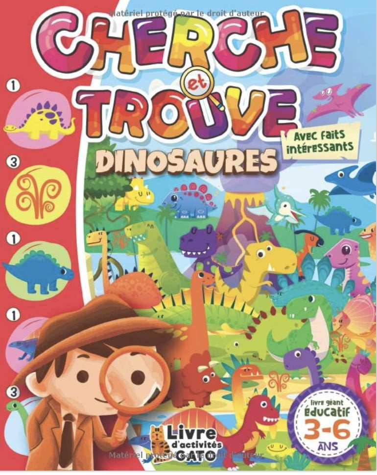 Cherche et trouve Dinosaures livre Géant éducatif 3-6 ans A la découverte des Dinosaures ! Cahier de Vacances Animaux avec énigmes, Activités - 40 pages 20x25cm