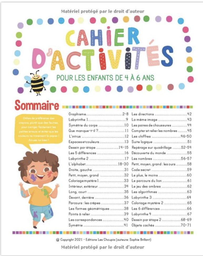 Cahier d'activités pour les enfants de 4 à 6 ans livre de jeux et exercices éducatifs et ludiques | Idéal pour les vacances - 72 pages A4