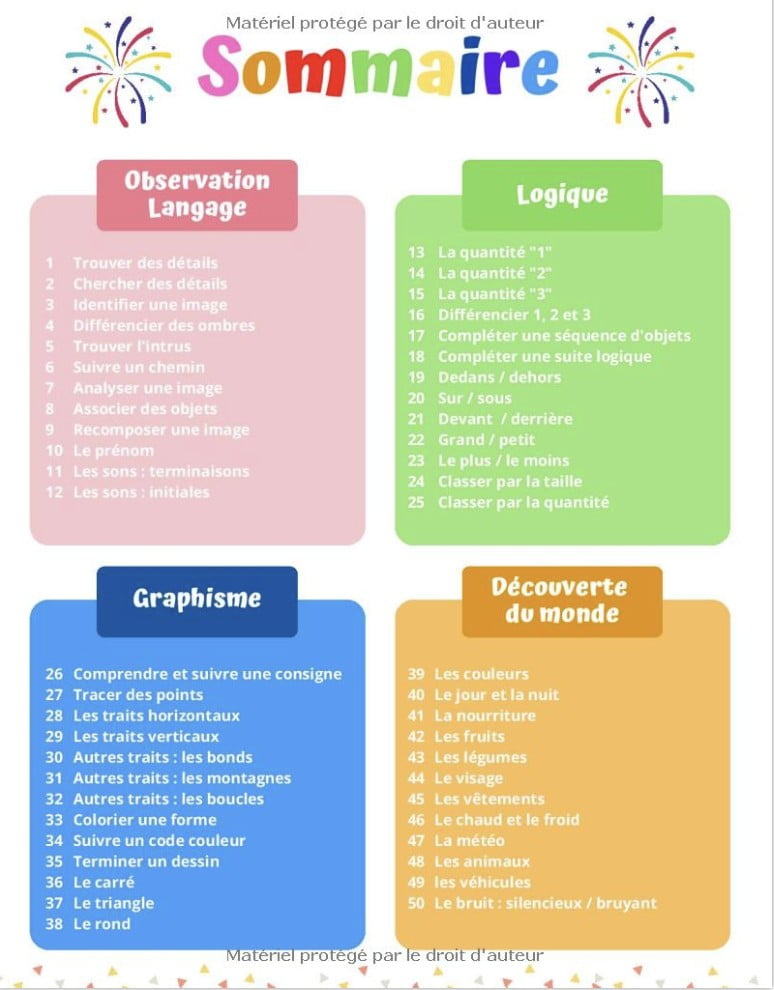 CAHIER DE VACANCES TPS vers PS 2-3 ans (50 activités de logique, graphisme, observation, langage et exploration du monde pour les Toute Petite Section vers la Petite Section de maternelle)  52 pages Format A4
